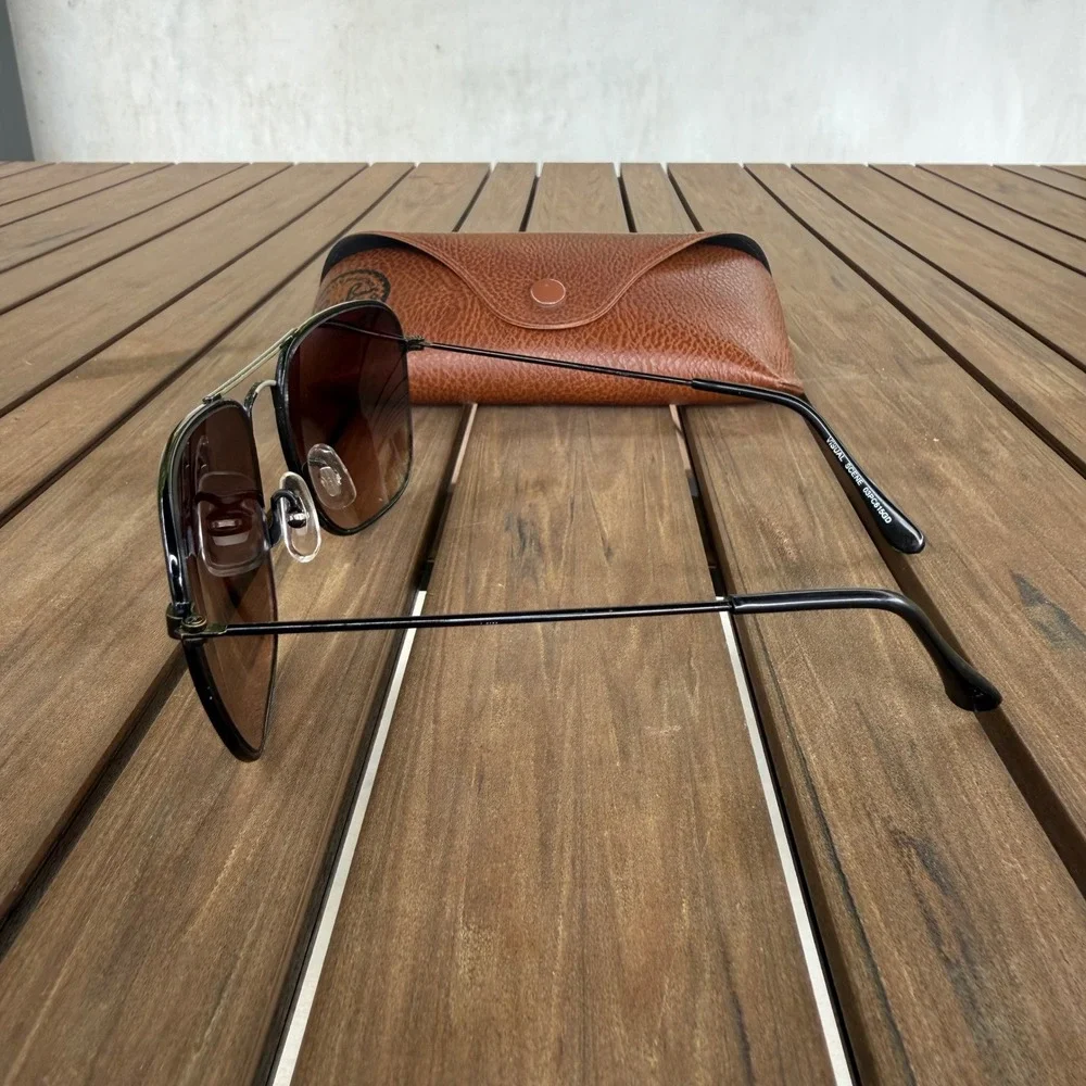 Ray-Ban Mens Aviator Sunglasses Black Metal Frame Brown Glass Visual Scene